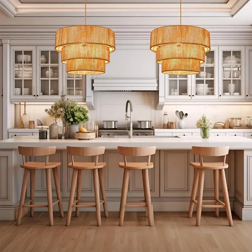 

3-Tiered Farmhouse Chandelier Natural Paper Rope Hanging Pendant Lights 32CM Woven Ceiling Light Fixture for Dining Room Bedroom
