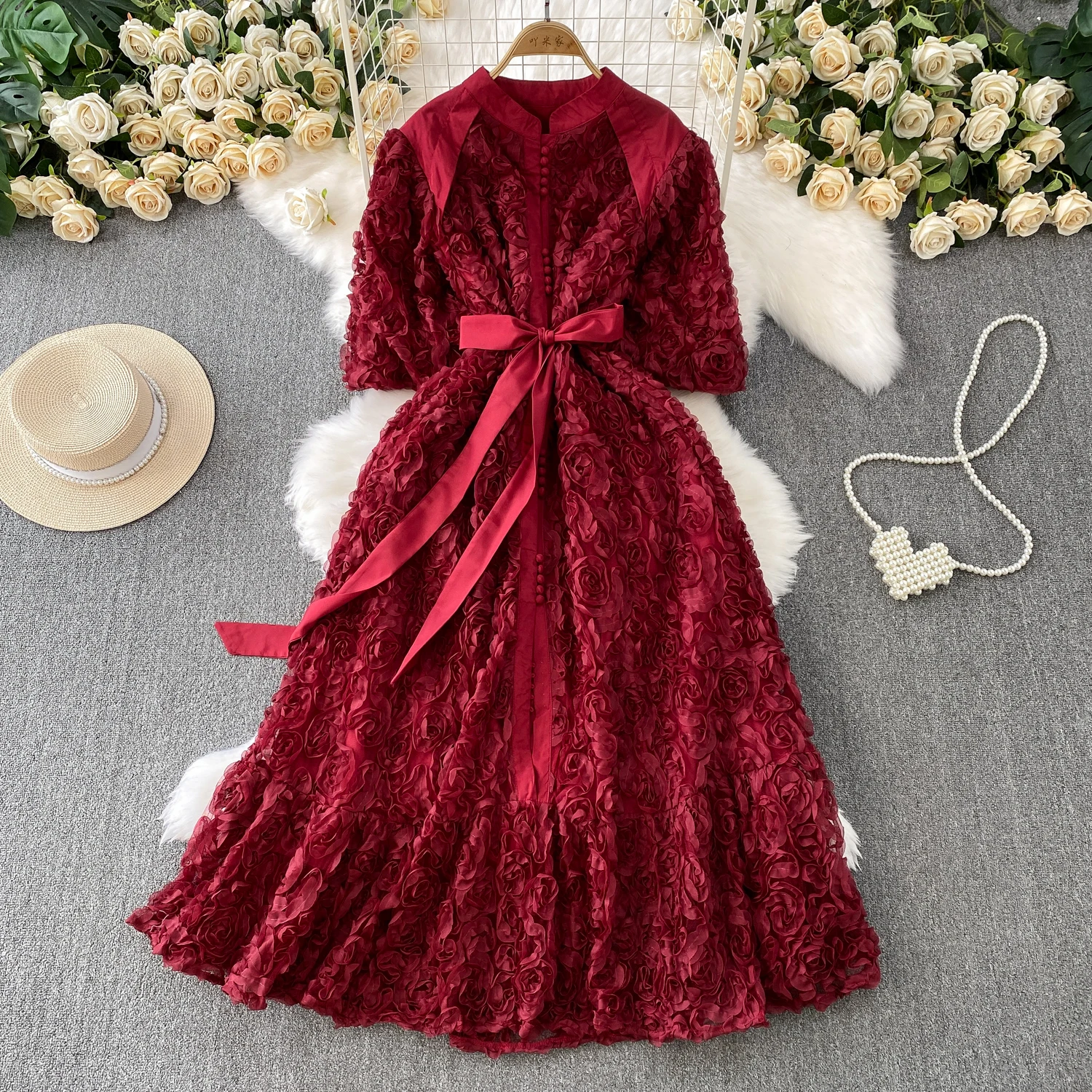 فستان أنيق ثلاثي الأبعاد بأكمام منتفخة على شكل زهرة للنساء فستان صيفي أنيق مكشكش للأميرة بمزاج متين #4