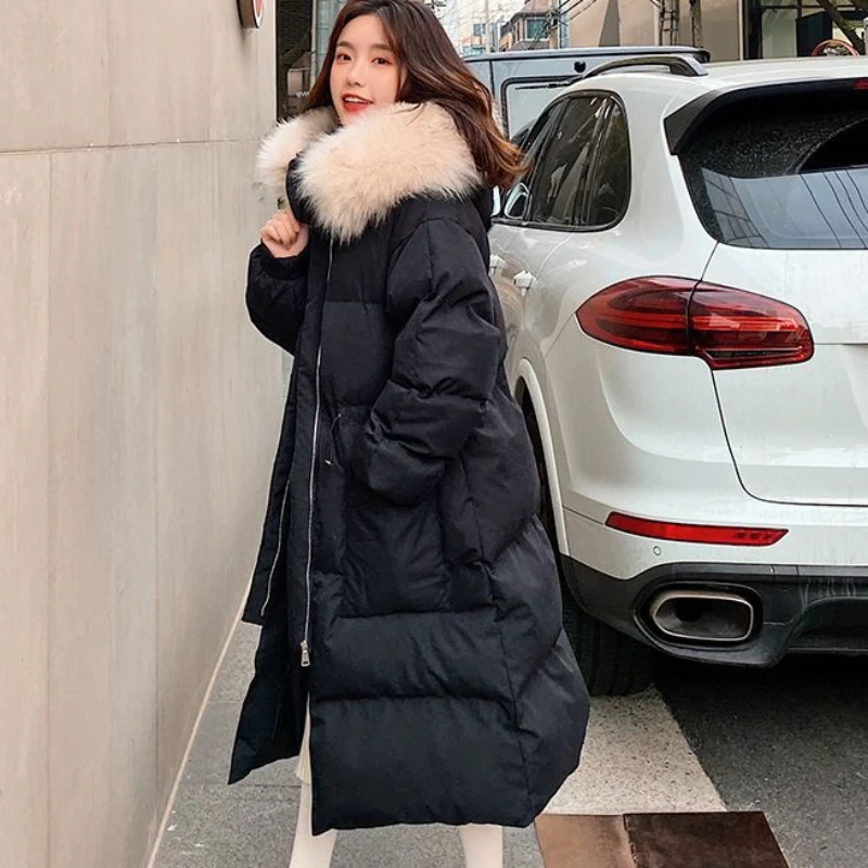 2023 New Women Cotton Clothes Loose Long Over Knee Outcoat Thickened Warm Hooded Large Fur Collar Outwear Fashion Casual Parkas