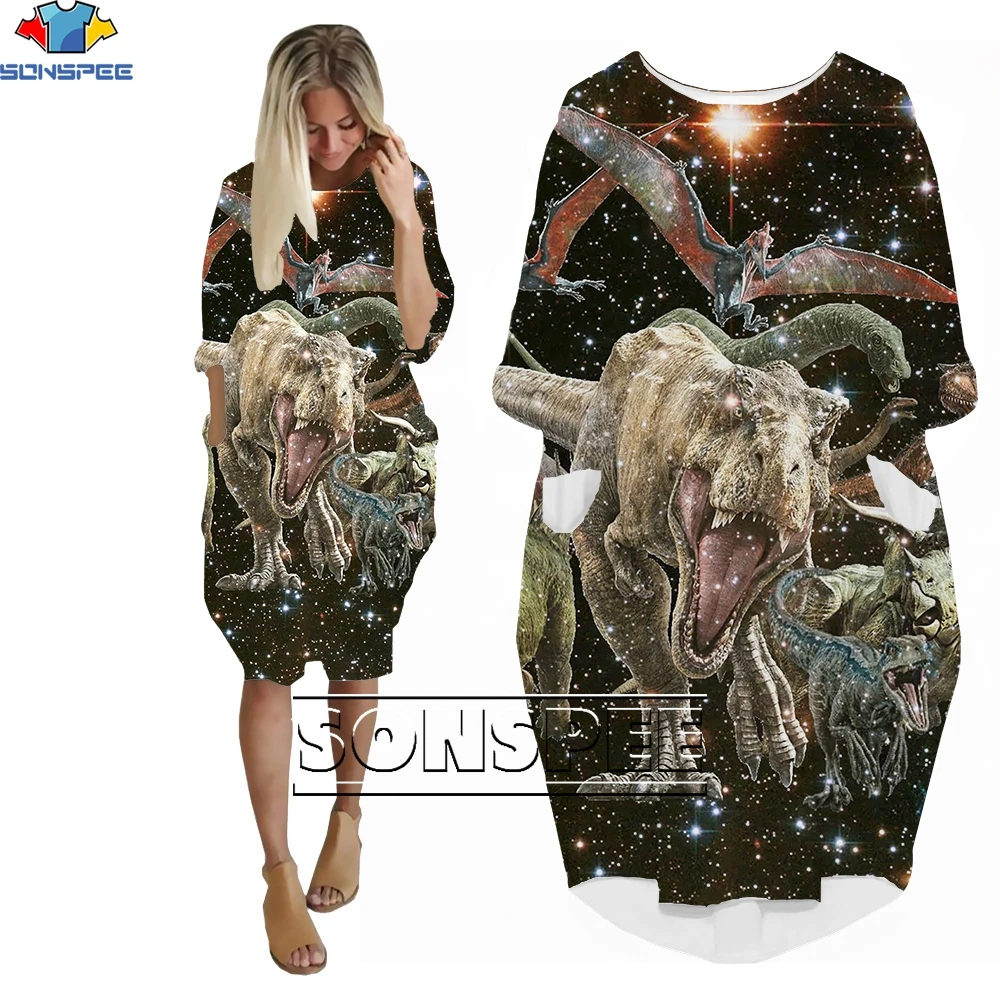 SONSPEE Jurassic Park Dinosaur Retro Ladies Long Sleeve 3D Print Pocket Girl Loose Dress Distressed Fashion 2022 Living Homewear