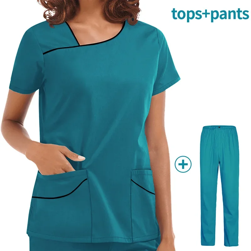 Scrub infermieristici di alta qualità uniformi da donna Set di Scrub per toelettatura per animali domestici Top e pantaloni con scollo a v a maniche corte abbigliamento da lavoro per chirurgia medica