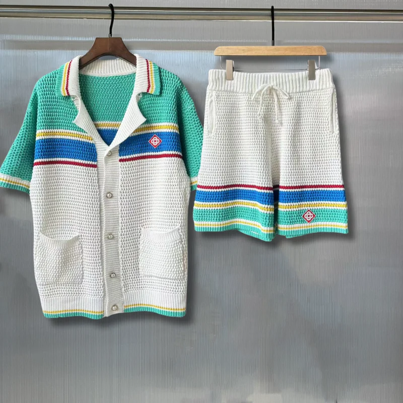 Hoge kwaliteit trui met korte mouwen, trainingspakken, parelgeweven knoop, veelkleurige Hawaiiaanse vest, gebreide truien