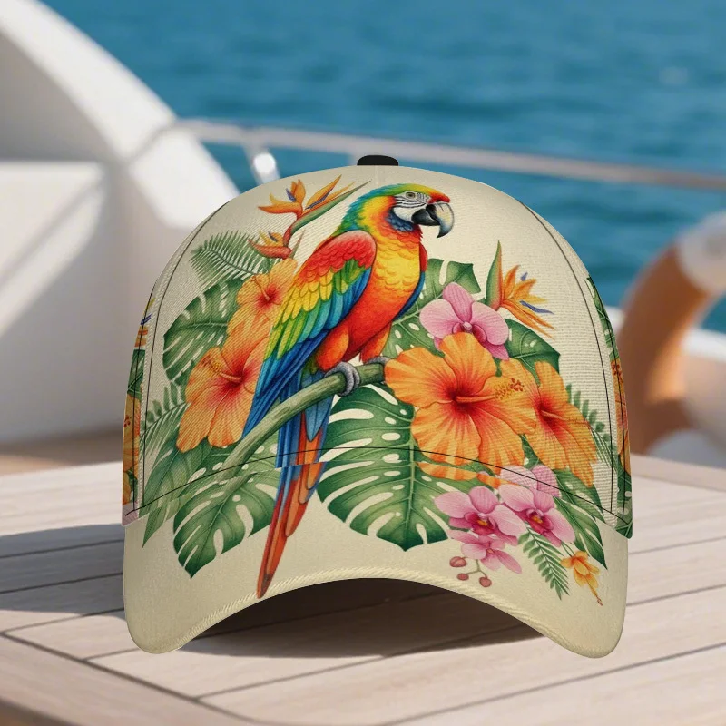 Tropical Parrot and Flowers Print Classic Baseball Cap Perfect Lightweight Polyester Duckbill Hat Adjustable Design