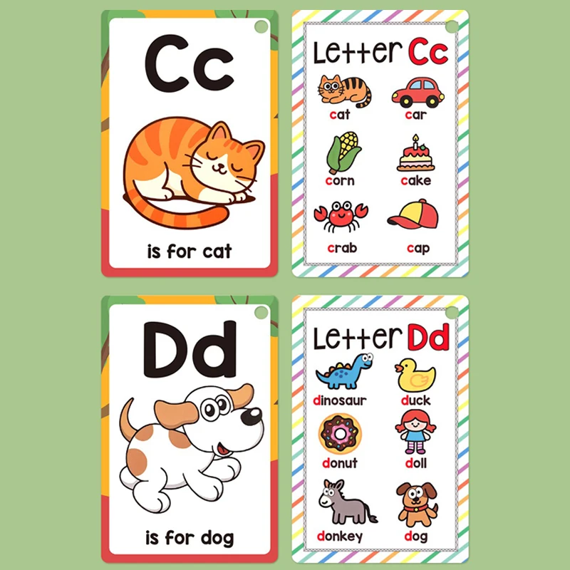 26 English Alphabet A-Z Cards 156 Words Children's Early Education Flashcards Learning Colors Animal Letters Teaching Tools