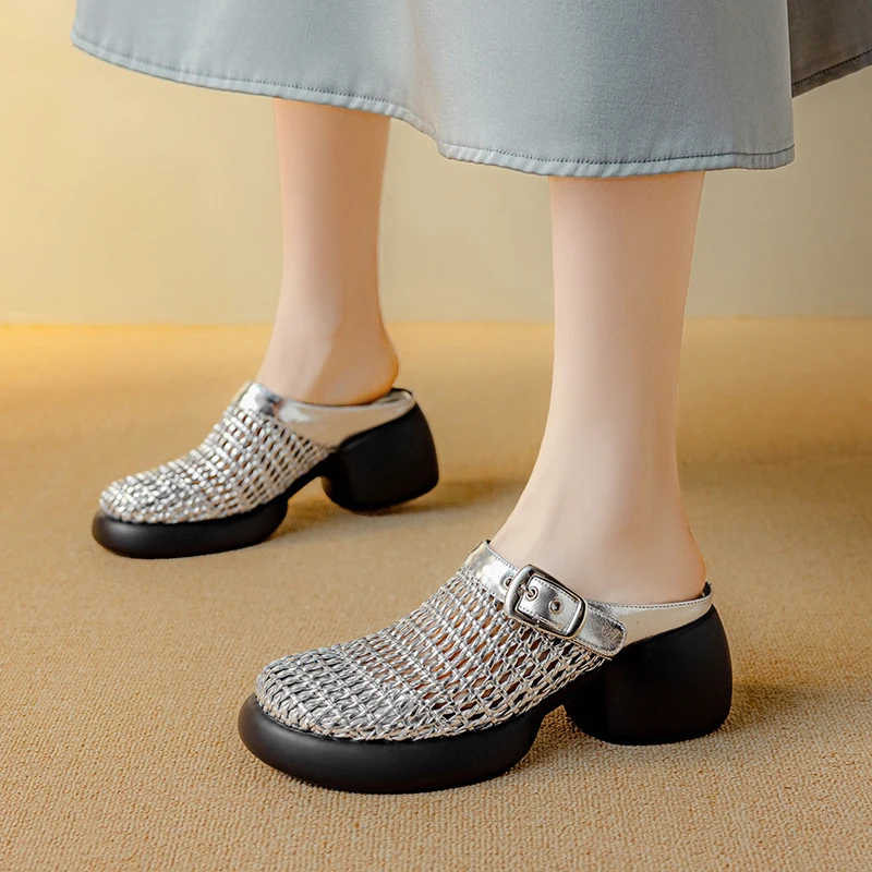 2026 summer women sandals natural leather plus size 22-25cm cowhide+microfiber weave+pigskin+sheepskin mules high heel slippers