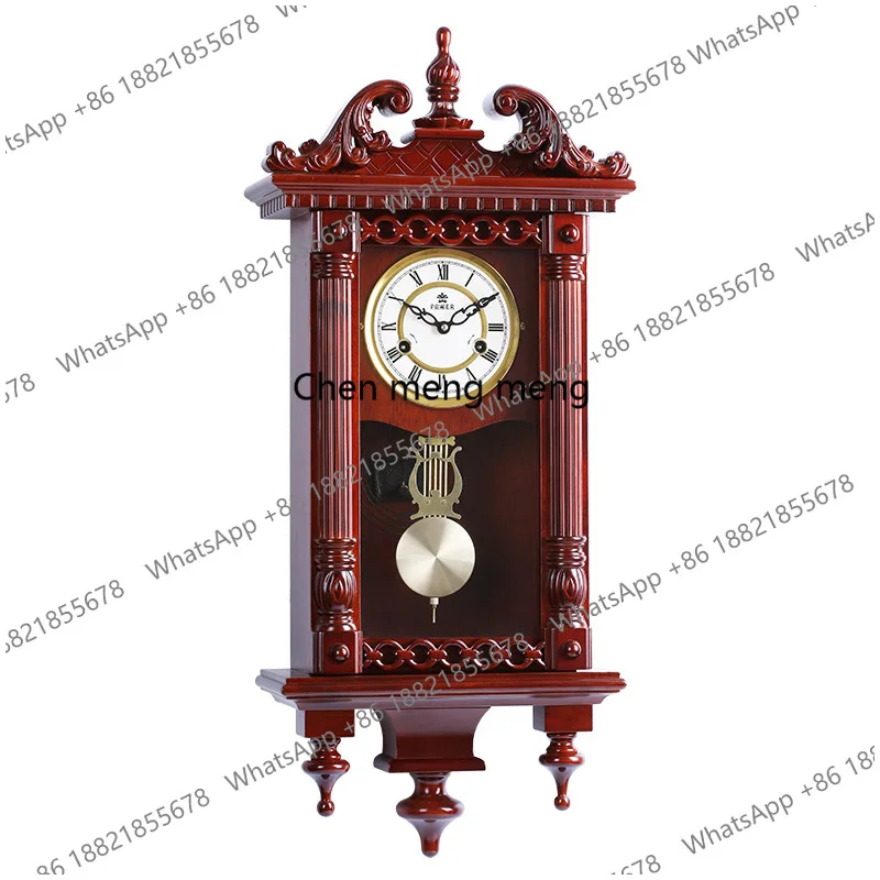 Solid wood mechanical wall clock on the hour retro clock living room European classical wall clock home pendant