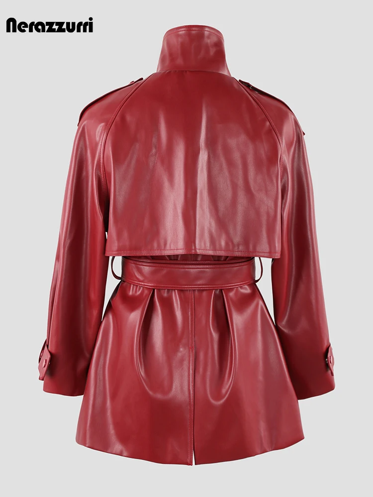 Nerazzurri Spring Autumn Luxury Elegant Chic Soft Wine Red Faux Leather Trench Coat for Women Belt High Quality Clothing 2023