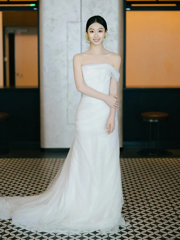 

Белое свадебное платье Ele с эффектом хвоста русалки, без бретелек, с фатой, простое, но роскошное, для торжественных мероприятий в отелях и закрытых помещениях