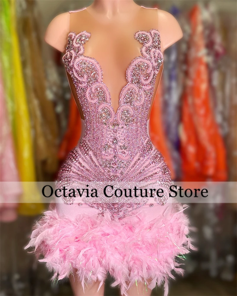 Pink Short Prom Dresses For Black Girls Bead Crystal 2024 Birthday Luxury Dress Feather Cocktail Gown Homecoming Customized