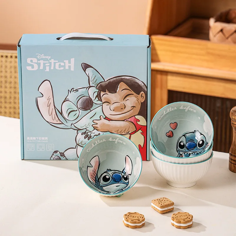 Disney Genuine Cartoon Stitch Home Ceramic Rice Bowl Kids Bowl Cute Cartoon Pooh Bear Small Bowl Gift Box Birthday Gift