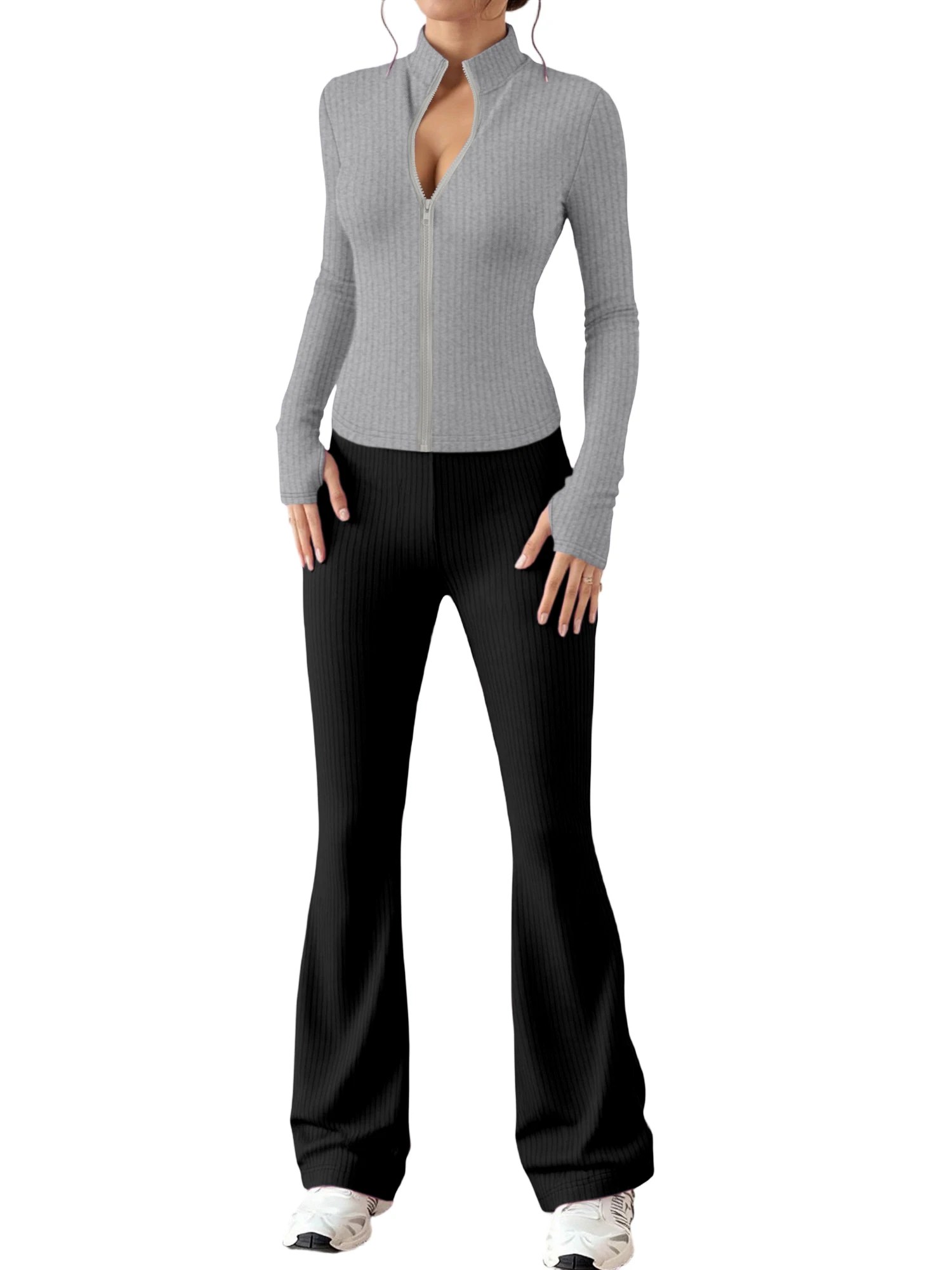 

Slimming Ribbed Sports Outfit with Stand Collar Zip Top and Flare Leg Pants, Breathable Fabric for All Activities