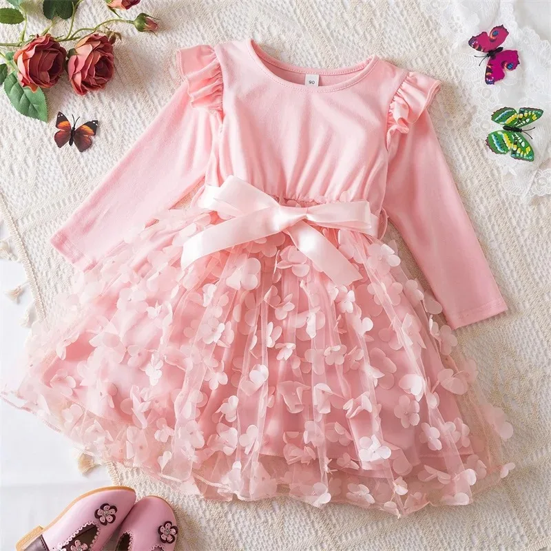 Vestido de princesa de manga comprida feminino, roupa de festa infantil, desenhos animados infantis Vestidos de tule, primavera, outono, 2-6 anos