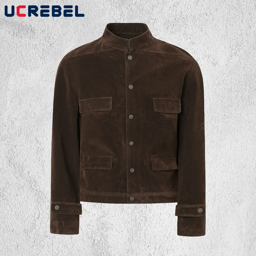 

Замшевая куртка в стиле ретро с воротником-стойкой, мужская карманная однотонная осенне-зимняя уличная однобортная верхняя одежда с длинными рукавами, мужская