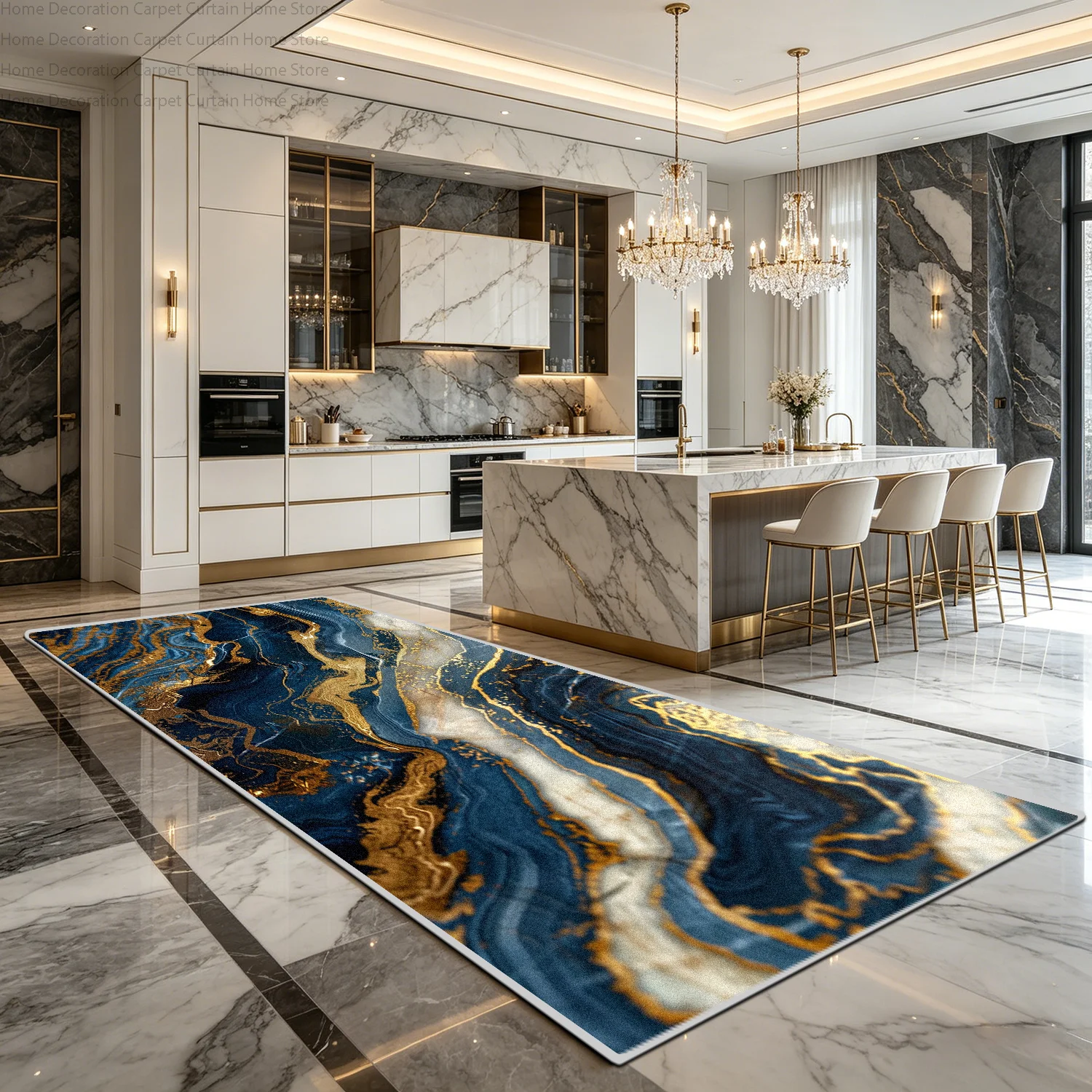 Modern European Luxury Gold Blue Marble Soft Carpet Living Room Decoration Home Bedroom Large Rug Washable Non-slip Floor Mats
