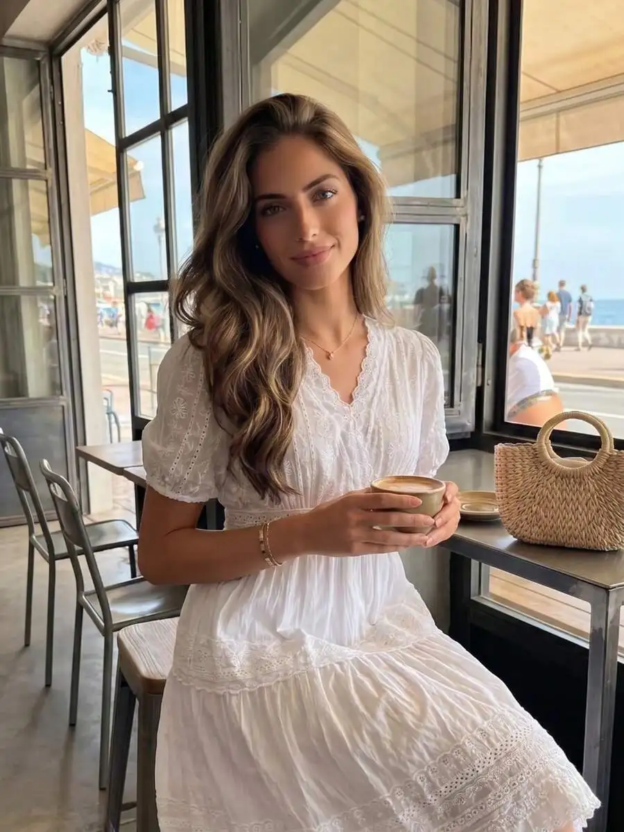 

Elegant White Lace Embroidery V-Neck Waist Cinched Dress Hollow Out Beach Style For Travel Date