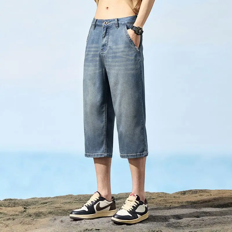 

Summer Ultra-thin Lyocell Men's Jeans Calf-Length Loose Wide Legs Retro Washed Denim Shorts Pants Fashion Korean Man Clothes