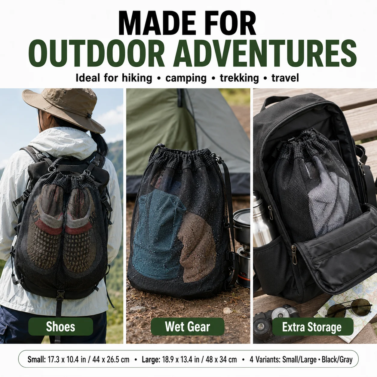 Outdoor Backpack External Shoe Bag Waterproof Mesh Storage Pouch Kangaroo Pocket Expansion Bag for Hiking Camping Travel Gear view 5