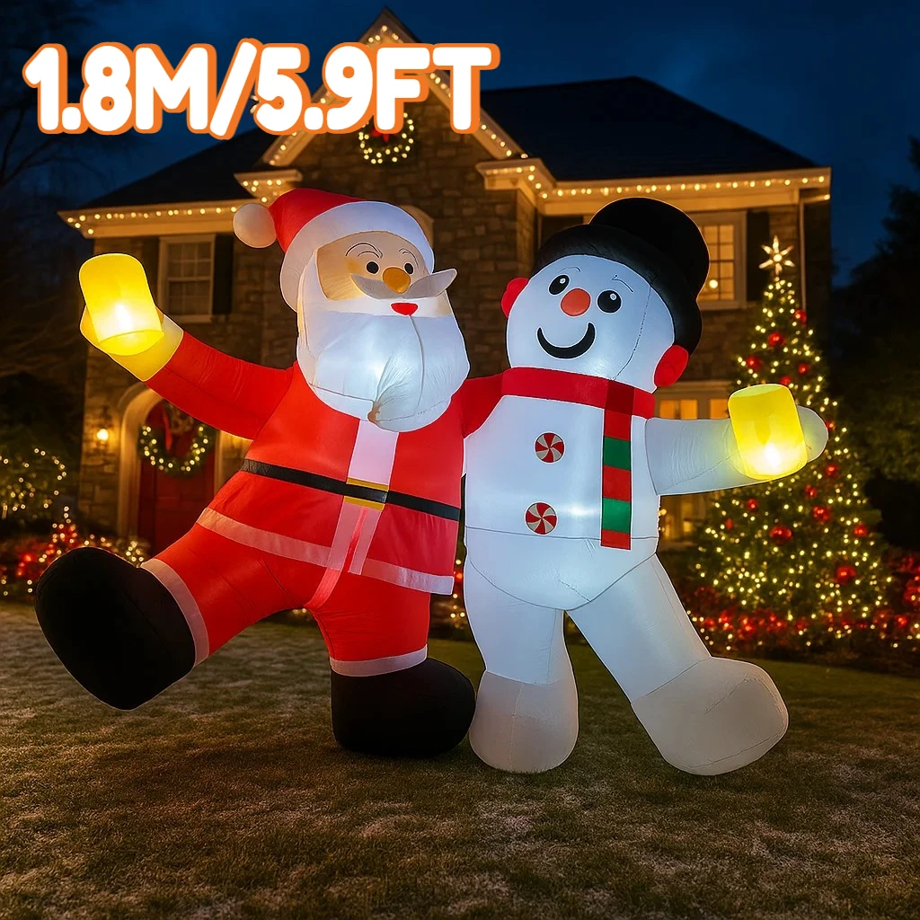 1.8M/5.9FT Inflatable Santa Claus and Snowman  Lights LED Home Holiday Lighting Decoration Yard Xmas Supplies Outdoor Lawn Decor