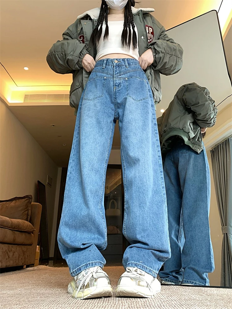 

Women's Casual Y2k Streetwear Straight Blue Jeans 90s Gothic Hiphop Cool Girl High Waisted Trouser Female Wide Leg Denim Pants
