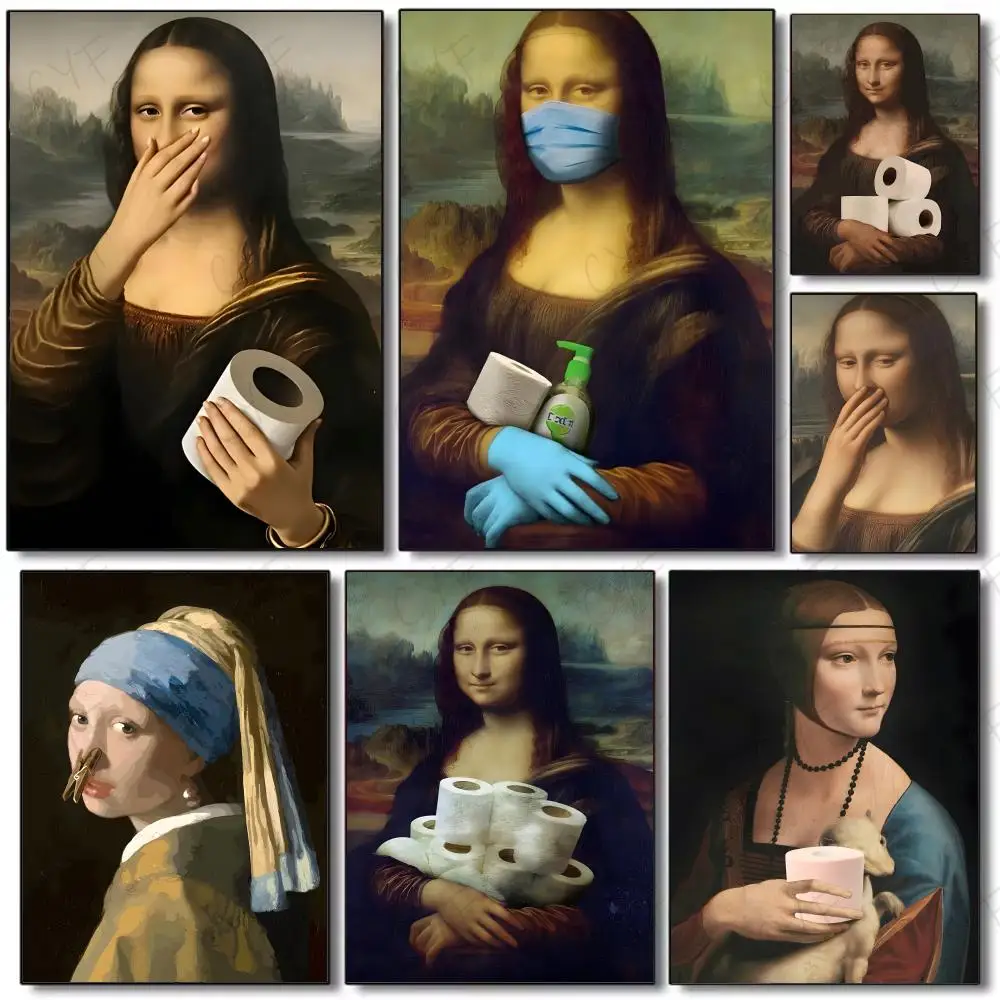 Mona Lisa mit Toilettenabdeckung und Nase Abstrakte Kunst Poster Gemälde Wandkunst für Wohnzimmer Heimdekoration und Geschenke