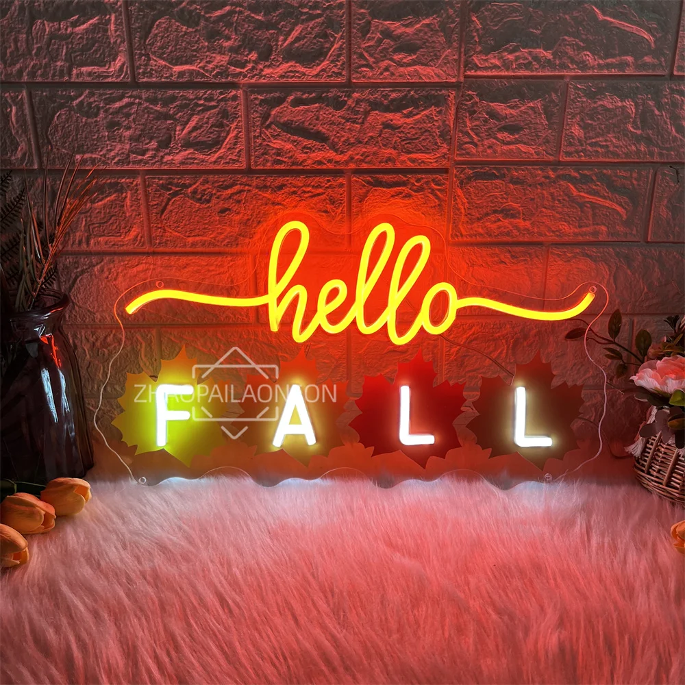 

Светодиодная неоновая вывеска Hello Fall Leaves, настенная домашняя комната, декор, светодиодные неоновые огни, вывеска для спальни, парка, двора, украшение стены, неоновые вывески