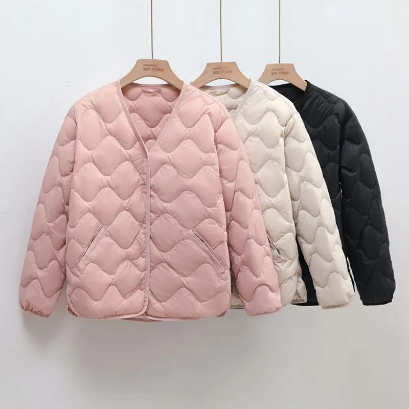 

Light White Duck Down Coat Parkas 2022 Autumn Winter Women V Neck Warm Down Jacket Ladies Short Casual Loose Bigsize Outwears