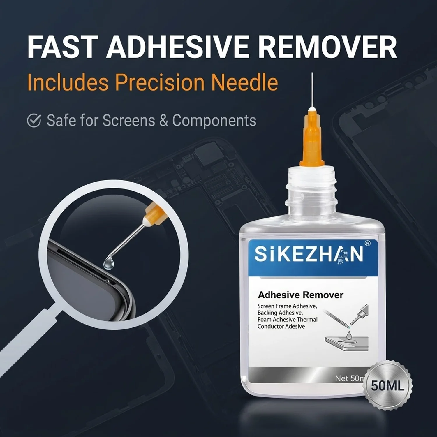 SiKEZHAN - Líquido Removedor de Adhesivo para Pantalla de Teléfono de 50 ml, Limpiador de Pegamento para Cubierta Trasera y Marco LCD, Kit de Reparación + Aguja Inyectora de Precisión