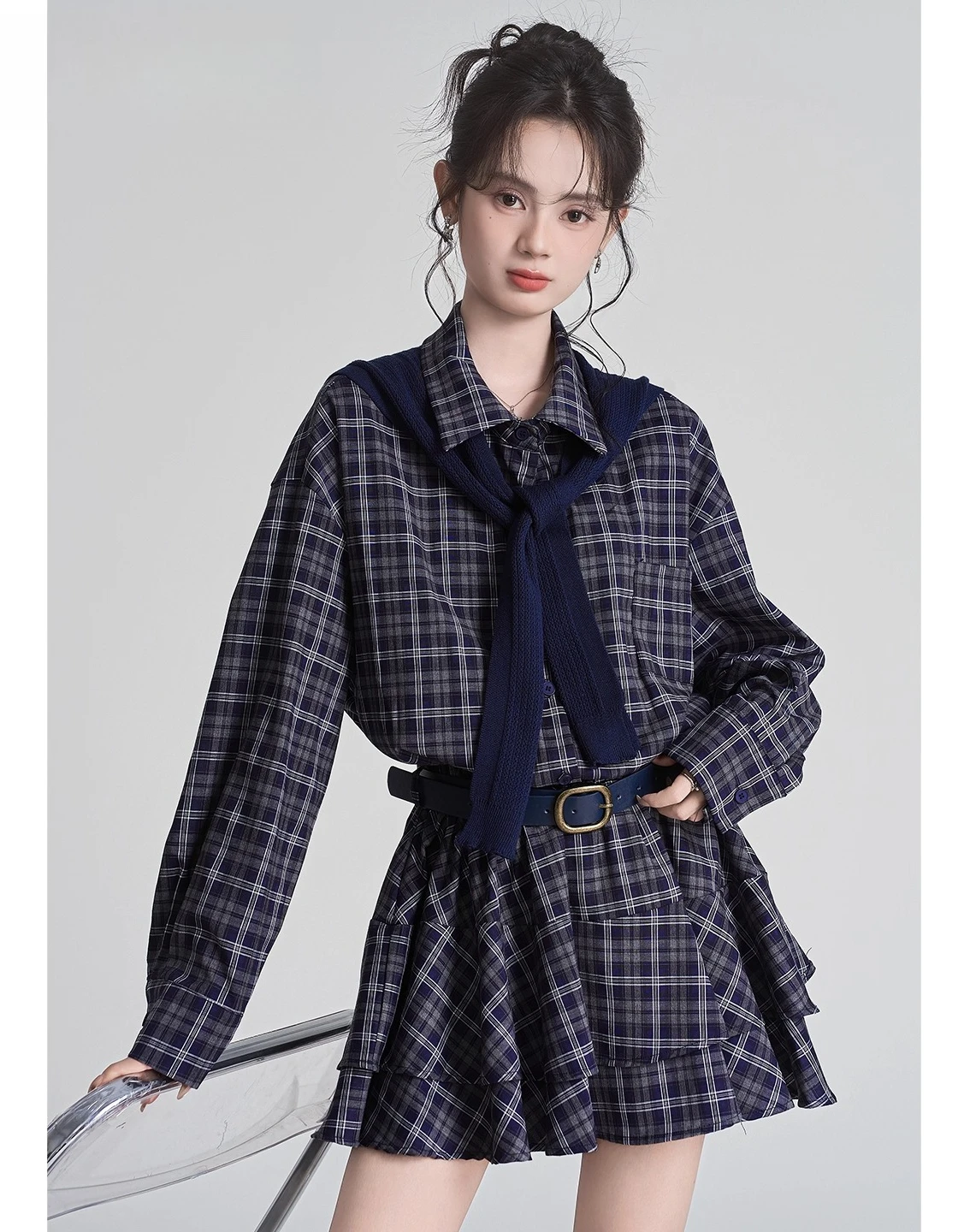 2025 Spring and Autumn Vintage Coffee Blue Gray Plaid Polo Collar Waist-Cinching Long Sleeve Shirt Short Skirt Knitted Shawl Set