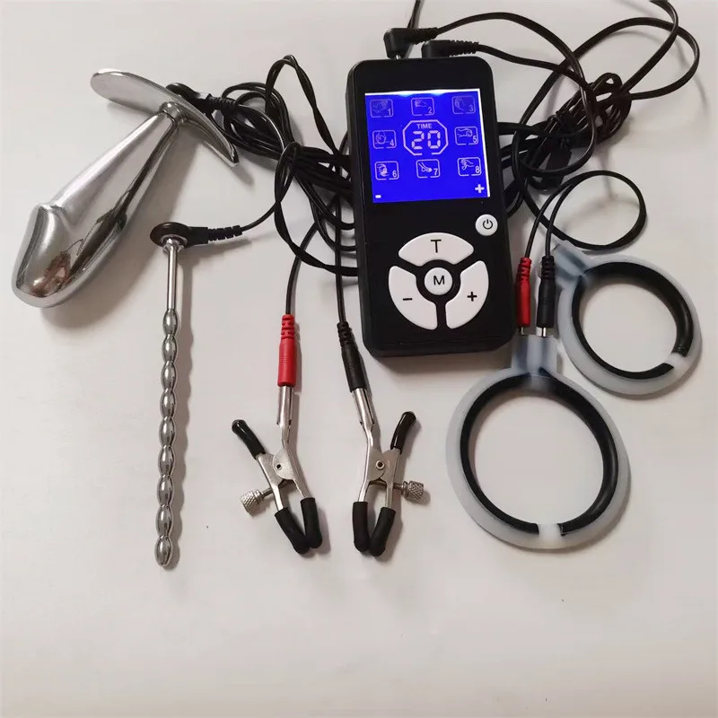 1 Set 8 Modes Electric Shock Metal Anal Butt Plug Nipples Clips Urethral Dilator Sounding Penis Cock Rings Sex Toys for Men