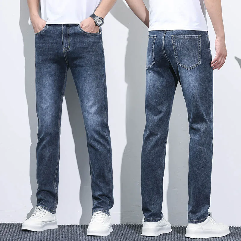 Business Men Straight Leg Classic Jeans Casual Denim Long Pants Slim Fit Simple Man Trousers Fashion Men\'s Stretch Jeans