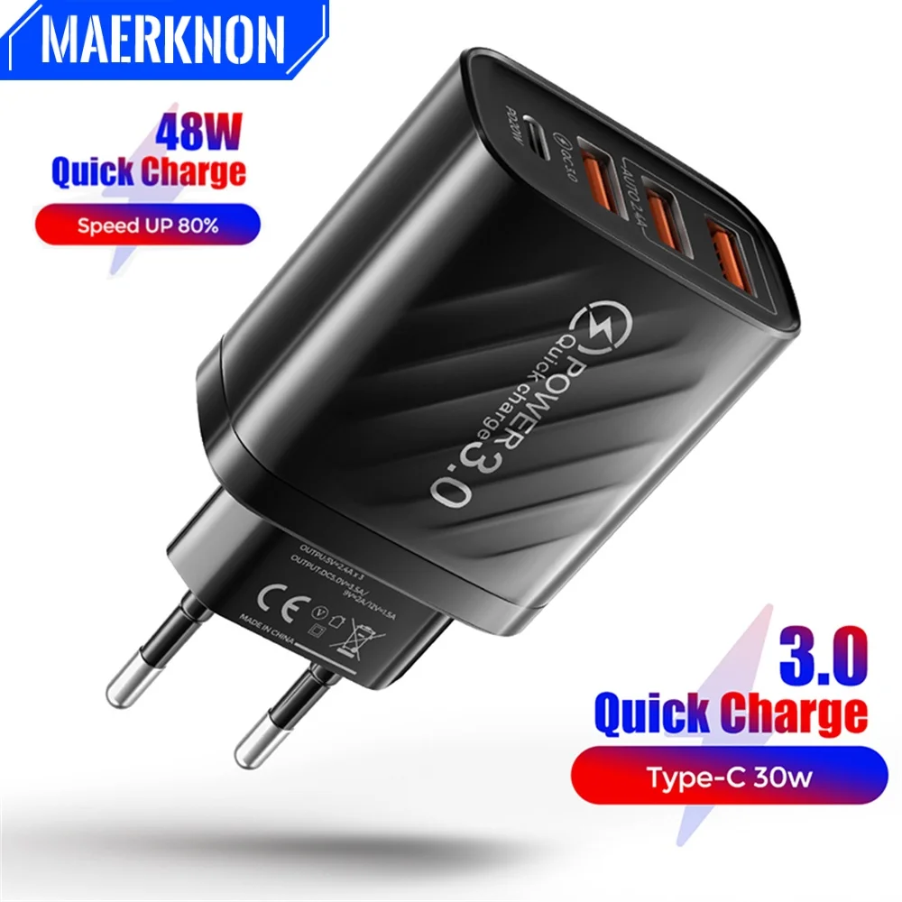 

48W 4 Ports Phone USB Quick Charge 3.0 Charger Type C Fast Travel Charger For Samsung iPhone 15 Xiaomi 14 Huawei Wall Adapter