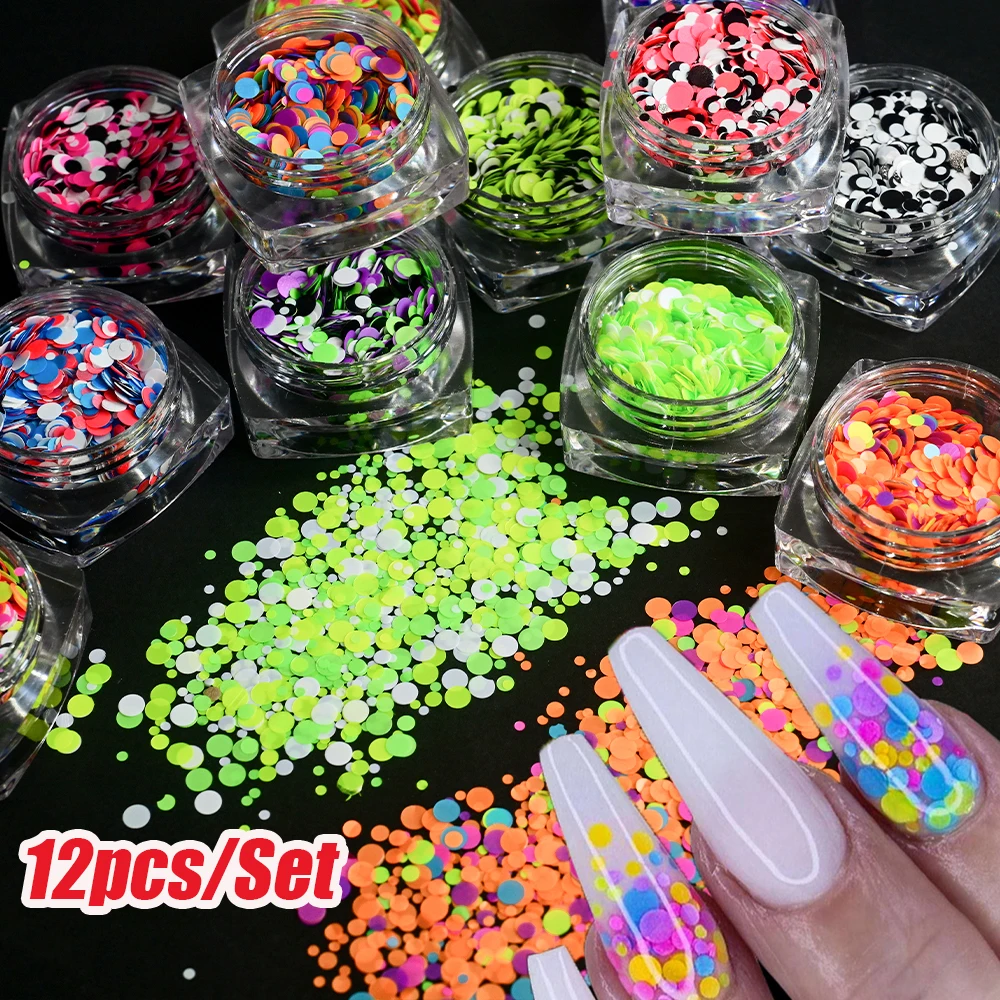 

12pcs/Set Fluorescent Round Dots Bubble Flakes Paillette Nail Sequins Mixed Colorful Summer Decoration for DIY Manicure Glitter