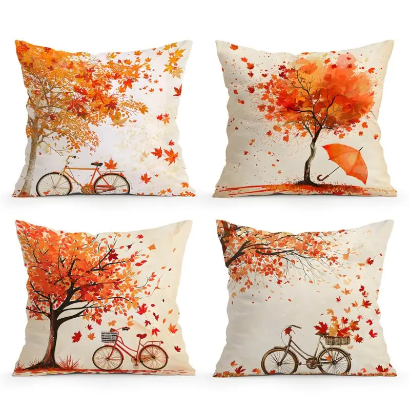 Home Decor Autumn Trees & Bicycles Decorative Pillow Covers Pattern Cushion Cover Suitable for Sofa Bedroom Car Pillow Cover