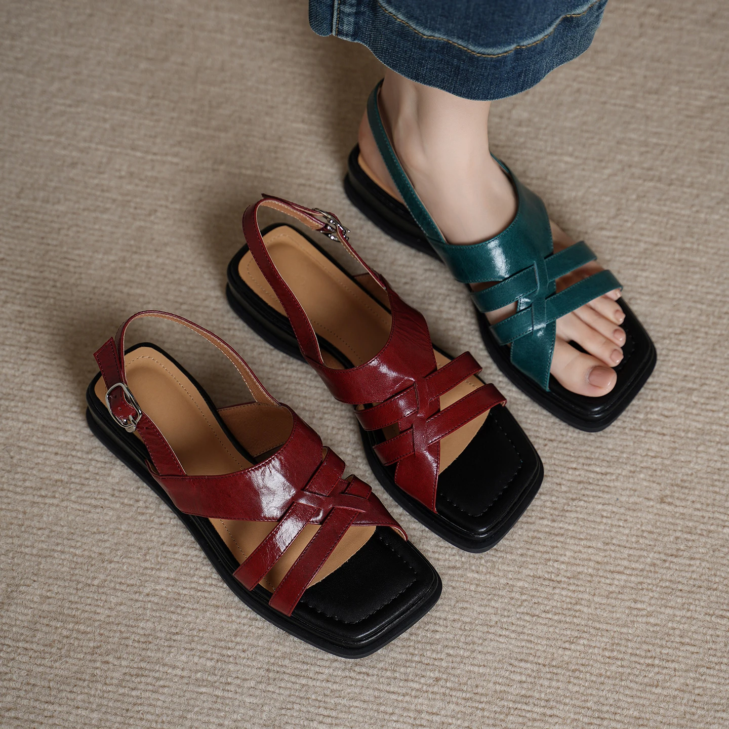 2026new summer women sandals natural leather plus size 22-25cm cowhide+pigskin cross-tied back-buckle wedges women shoes fashion