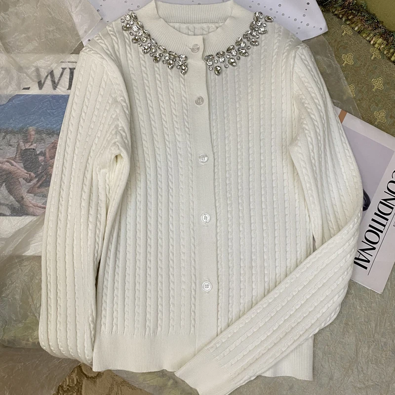 Spring Autumn New Round Neck Diamond Knitted Cardigan Women's Long Sleeve Jacquard Elegant Rhinestone Cropped Sweater Coat