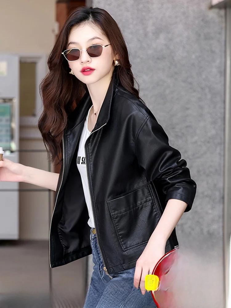 เสื้อแจ็คเก็ตหนังแท้ Haining สำหรับผู้หญิง รุ่นสปริง 2025 สไตล์ฮ่องกง ไซส์ใหญ่ หนังแกะ เสื้อแจ็คเก็ตหนังขนาดเล็ก