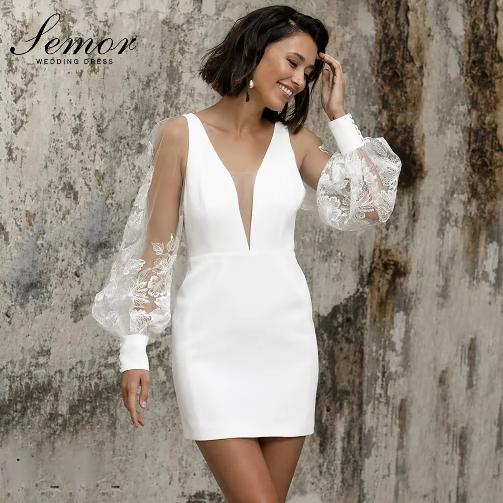 Semor Customized Mini Wedding Dresses V Neck Lace Puff Long Sleeve Open Back Satin Wedding Reception Party Vestido De Novia