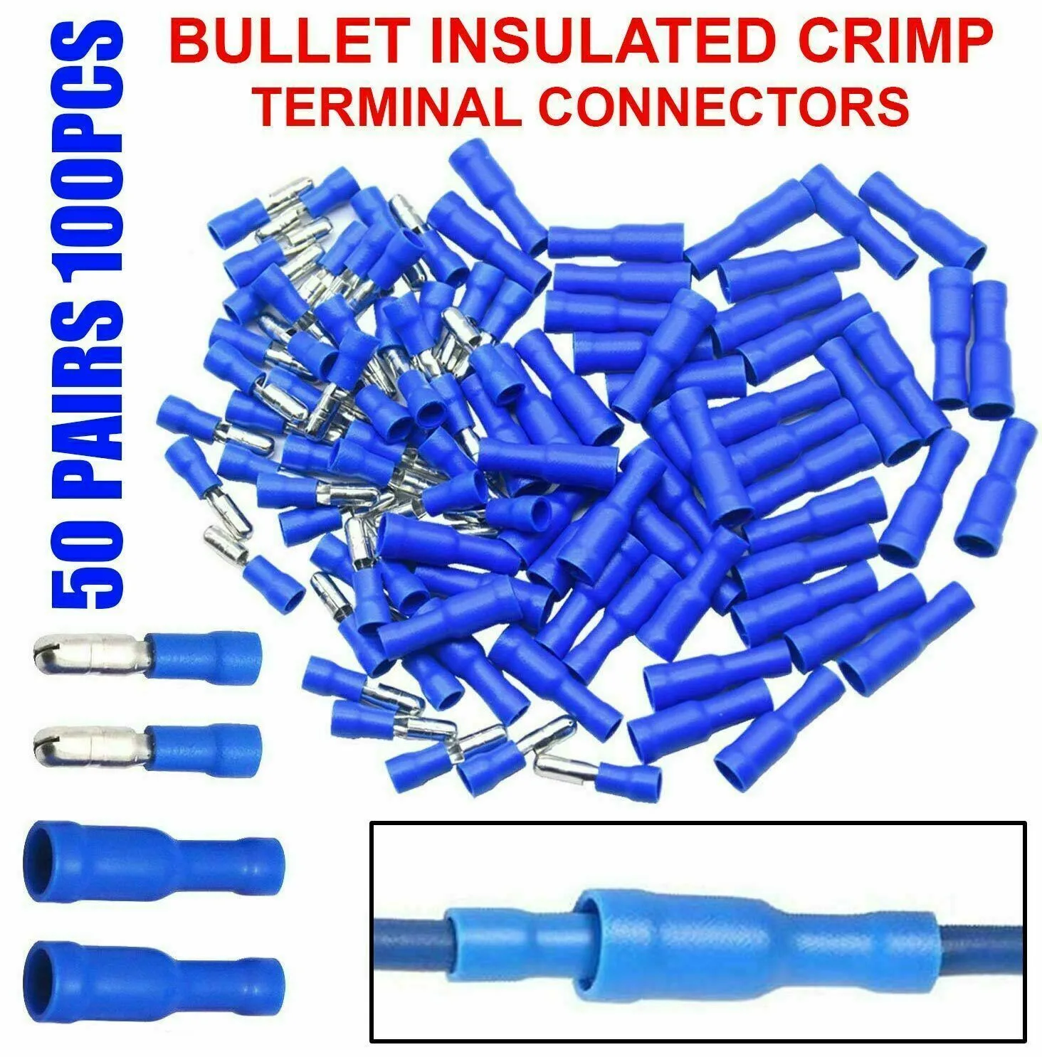 Blue Electrical Wire Connectors Fully Insulated and Suitable for Automotive and Marine Applications Pack of 50