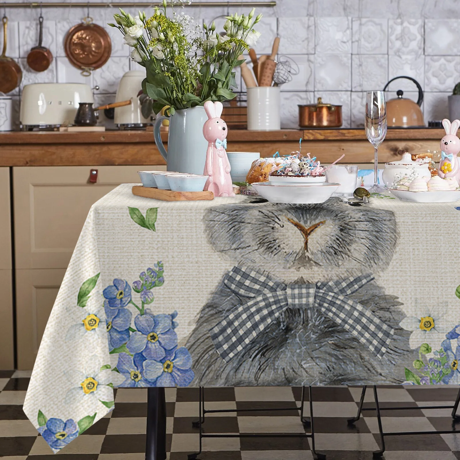 Easter Bunny Blue Flower Table Cloth Waterproof Dining Tablecloth Kitchen Decorative Party Table Cover