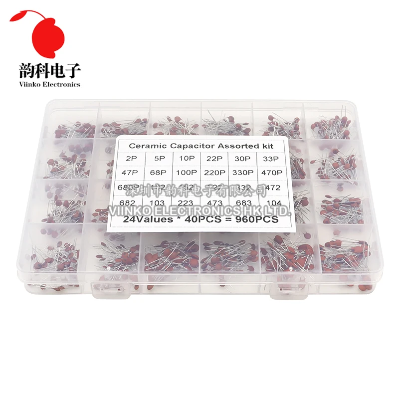 

960pcs 24Values*40pcs Ceramic Capacitor Assortment Kit 50V 2pF - 0.1uF Capacitance Set DIY Pack