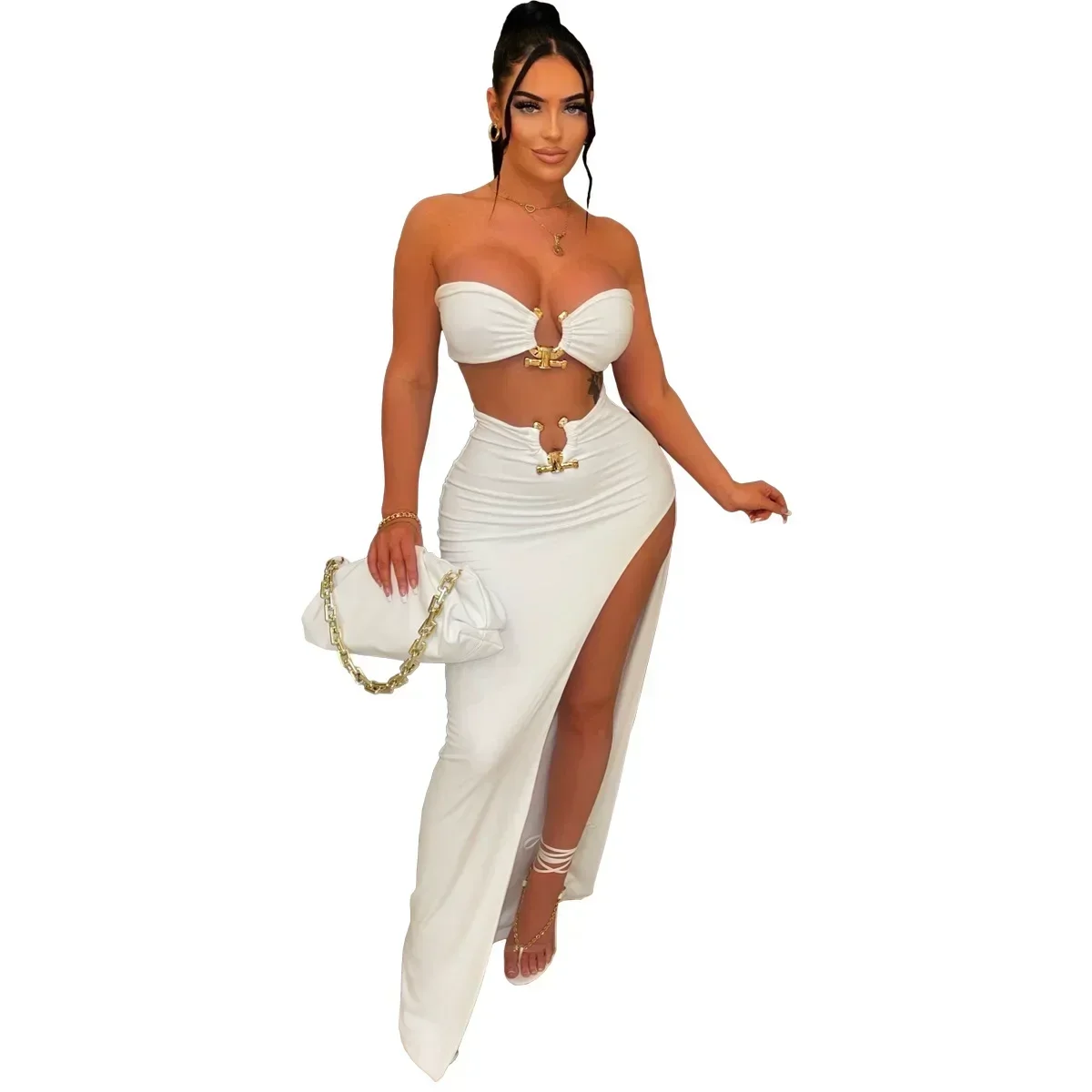 Sexy Strapless Hollow Out Women Dress White Sleeveless High Slit Dress Female Autumn Skinny Elegant Party Clubwear 2025