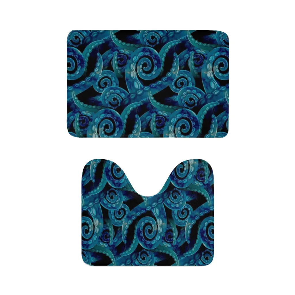 octopus tentacles - blue - deep sea nautical 2 Sets Bathroom Antiskid Pad Non-Slip Bath Carpet Floor Mat Rug Flannel Baths Mat