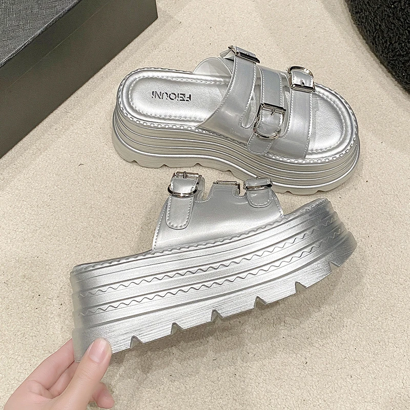 8.5cm Microfiber Synthetic Leather Flats Summer Outside Peep Toe Fashion Women Sandal Slippers Pumps High Platform Wedge Shoes