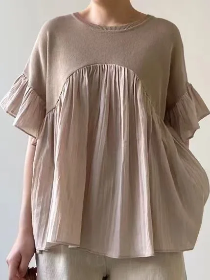 

Loose Women's Knitted irt Pleated Lace Trim Splice Sweet Young Doll Top round Ne ort Sve Cotton Color