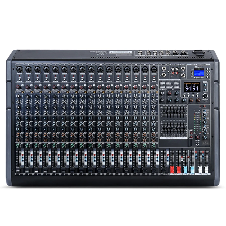 Biner PG18 Ajuste balanceado de 7 segmentos embutido Mixer de áudio de 18 canais para desempenho de palco grande Mixer de áudio profissional