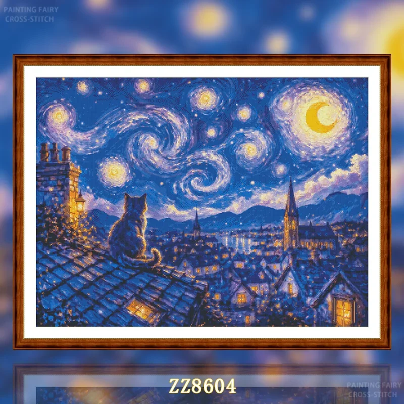 [ZZ8604-Starry Night] Stamped Cross Stitch Kit 11CT 14CT 16CT 18CT Printed Canvas Cotton Thread Embroidery Needlework Wall Decor