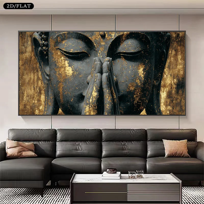 

2D/Flat Large Golden Buddha Meditation Canvas Wall Art - Unframed Zen Buddhist Wall Decor, Spiritual Print for Living Room Decor