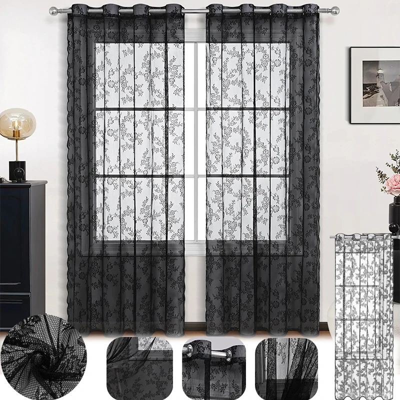 

Vintage Floral Embroidery Clear Semi Shading Lace Curtain LivingRoom Decoration Beautification Window Screening Machine Washable