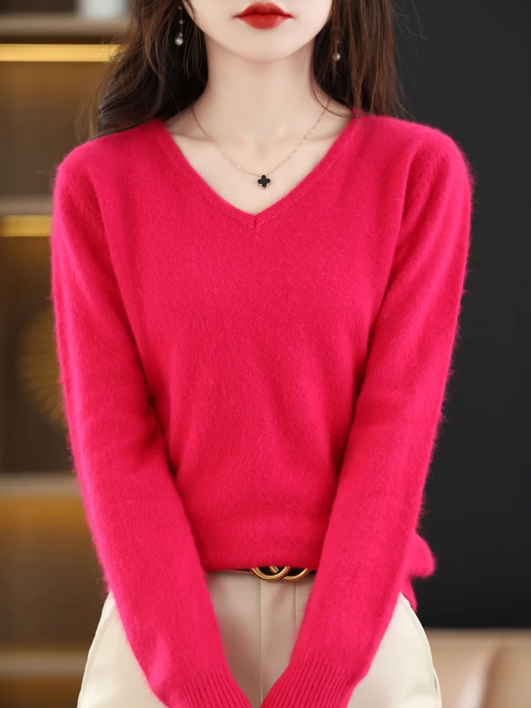 LHZSYY Super Warm 100% Mink Cashmere Women Sweaters V-Neck And Pullovers Winter High Elasticity Soft Tops Casual Basic Jumper