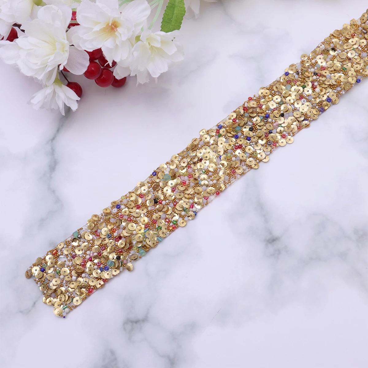 

Golden Sequin Strips Rhinestone Appliques Wedding Dress Sash Bridal Belts Sequins Trim DIY Projects Adhesive Backing Sew Iron